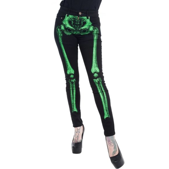 Denim - Women's Black Skinny Stretch Jeans Skeleton Bones Skull Coffin Pockets 26-40 NWT